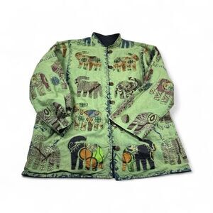 Silverstream Vintage Button Jacket Green Elephant Applique Boho Art to Wear OS